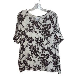 Liz Claiborne Floral Print Top Womens White Brown XXL Short Sleeve